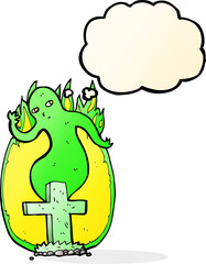 cartoon ghost rising from grave with thought bubble