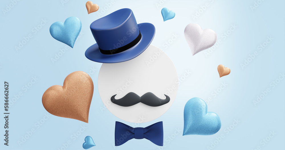 Poster father's day concept. empty white circle with a hat and mustache. 3d rendering
