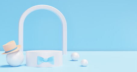 Fototapeta premium Father's day product advertisement. Podium showcase with a bow tie. Decor balloons spheres. 3D rendering