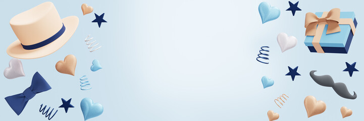 Father's Day. Festive symbols hat mustache bow tie gift boxes. 3D rendering