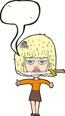 cartoon woman with knife between teeth with speech bubble