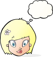 cartoon happy female face with thought bubble