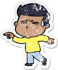 distressed sticker of a cartoon man sweating