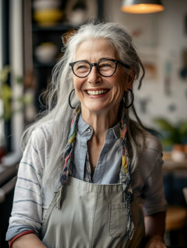 Portrait of mature woman artist in her art studio smiling. Generative AI. 