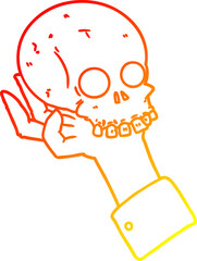 warm gradient line drawing cartoon hand holding skull