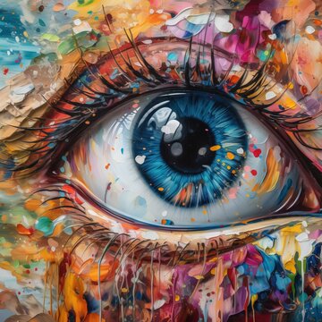  a painting of a blue eye with multicolored drops of paint. generative ai © Natalja