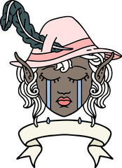 crying elf bard character face with banner illustration