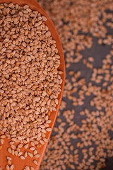 Sementes de Gergelin branco em colher de madeira e fundo de pedra em Macro fotografia