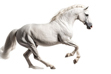 an equestrian-themed photographic illustration of a white horse mustang stallion colt rearing, jumping, and running on a transparent background in PNG. T-shirt design. Generative AI - obrazy, fototapety, plakaty