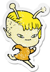 distressed sticker of a cute cartoon alien girl