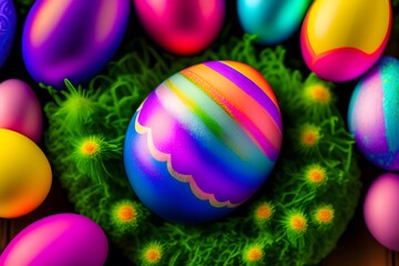 Fototapeta na wymiar Happy Easter - Multicolor Top View Easter Egg. Generative AI. 