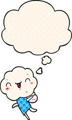 cute cartoon cloud head creature and thought bubble in comic book style