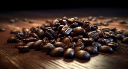 Freshly roasted coffee beans spread on wooden table in cozy coffee shop, print as poster approx. 49w x 26h cm, 300dpi, 3d render, AI Generative