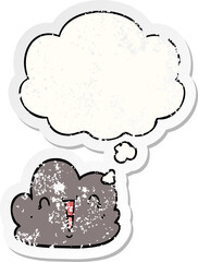 cartoon happy cloud and thought bubble as a distressed worn sticker