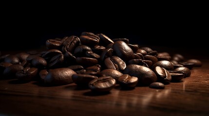 Freshly roasted coffee beans spread on wooden table in cozy coffee shop, print as poster approx. 49w x 26h cm, 300dpi, 3d render, AI Generative