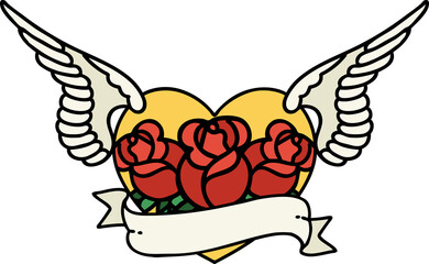traditional tattoo of a flying heart with flowers and banner