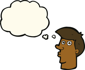 cartoon confused man with thought bubble