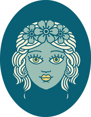 tattoo style icon of a maiden with crown of flowers