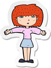 sticker of a cartoon woman shrugging shoulders