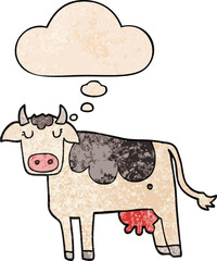 cartoon cow and thought bubble in grunge texture pattern style