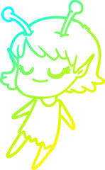 Fototapeta premium cold gradient line drawing smiling alien girl cartoon floating