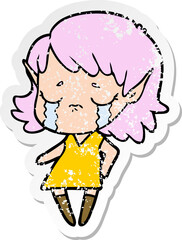 distressed sticker of a crying cartoon elf girl