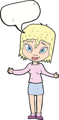 cartoon woman shrugging shoulders with speech bubble