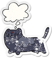 cartoon cat and thought bubble as a distressed worn sticker