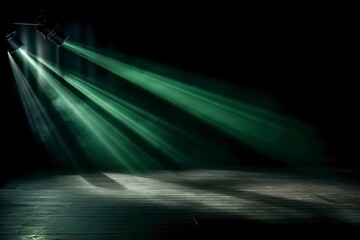 Green spotlights shine on stage floor in dark room idea. Generative AI