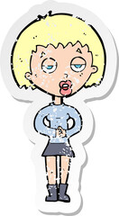 retro distressed sticker of a cartoon bored woman waiting