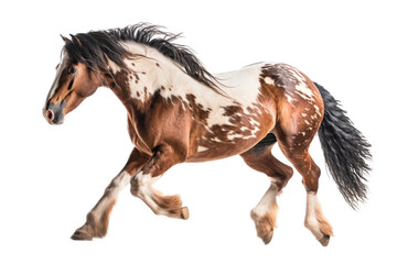 Fototapeta na wymiar an equestrian-themed photographic illustration of a painted pinto horse mustang stallion rearing, jumping, and running on a transparent background in PNG. T-shirt design. Generative AI