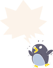 cartoon frightened penguin and speech bubble in retro style