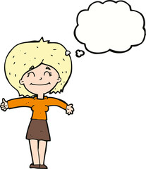 cartoon woman giving thumbs up sign with thought bubble