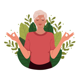 Elderly woman with closed eyes meditating. Mental Health Awareness Month banner. Meditation practice. The concept of zen and harmony.