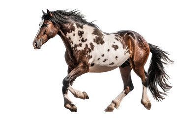 Obraz na płótnie Canvas an equestrian-themed photographic illustration of a painted pinto horse mustang stallion rearing, jumping, and running on a transparent background in PNG. T-shirt design. Generative AI