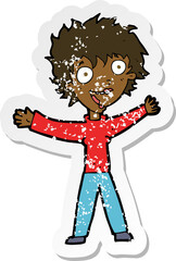 retro distressed sticker of a cartoon excited woman