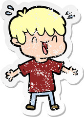 distressed sticker of a cartoon laughing boy