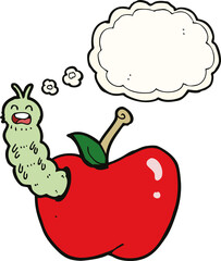 cartoon bug eating apple with thought bubble