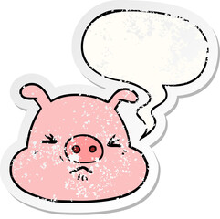 cartoon angry pig face and speech bubble distressed sticker