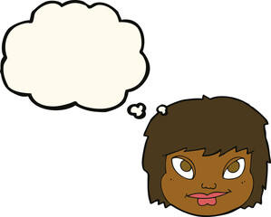 cartoon female face with thought bubble