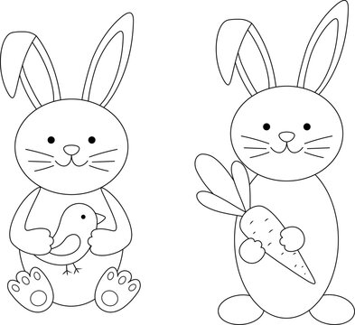 Bunny with carrot сhicken coloring vector illustration