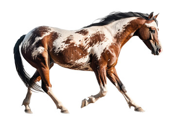 an equestrian-themed photographic illustration of a painted pinto horse mustang stallion rearing, jumping, and running on a transparent background in PNG. T-shirt design. Generative AI