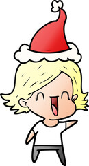 gradient cartoon of a happy woman wearing santa hat