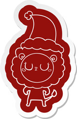 cartoon  sticker of a lion wearing santa hat