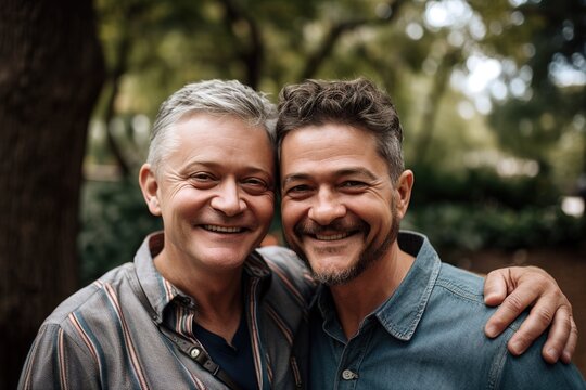 Gay mature male couple looking at camera with natural environment as background. Generative AI