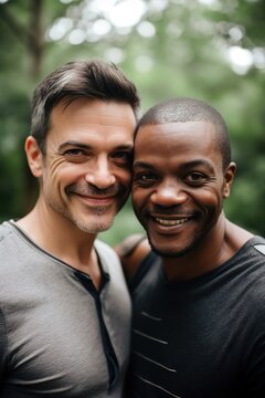 Multiethnic gay couple smiling and looking at camera. Generative AI vertical shot