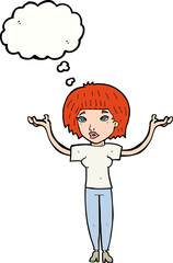 cartoon woman shrugging shoulders with thought bubble