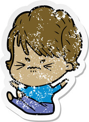 distressed sticker of a cartoon frustrated woman