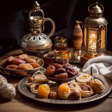Une table pour le ramadan, avec des gateaux dans des assiettes. Il y a aussi une lanterne et d'autres ustensiles orientaux 