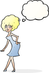 cartoon woman posing in dress with thought bubble